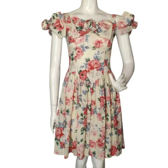 JESSICA MCCLINTOCK/GUNNE SAX Dress, XS, Pink/red floral, Open Shoulder/Bows - Picture 1 of 11